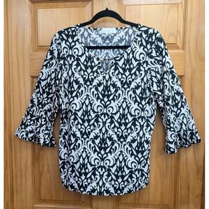 Emma & Olive Women's Large 3/4 Bell Sleeves Buckle on Neckline Top Shirt